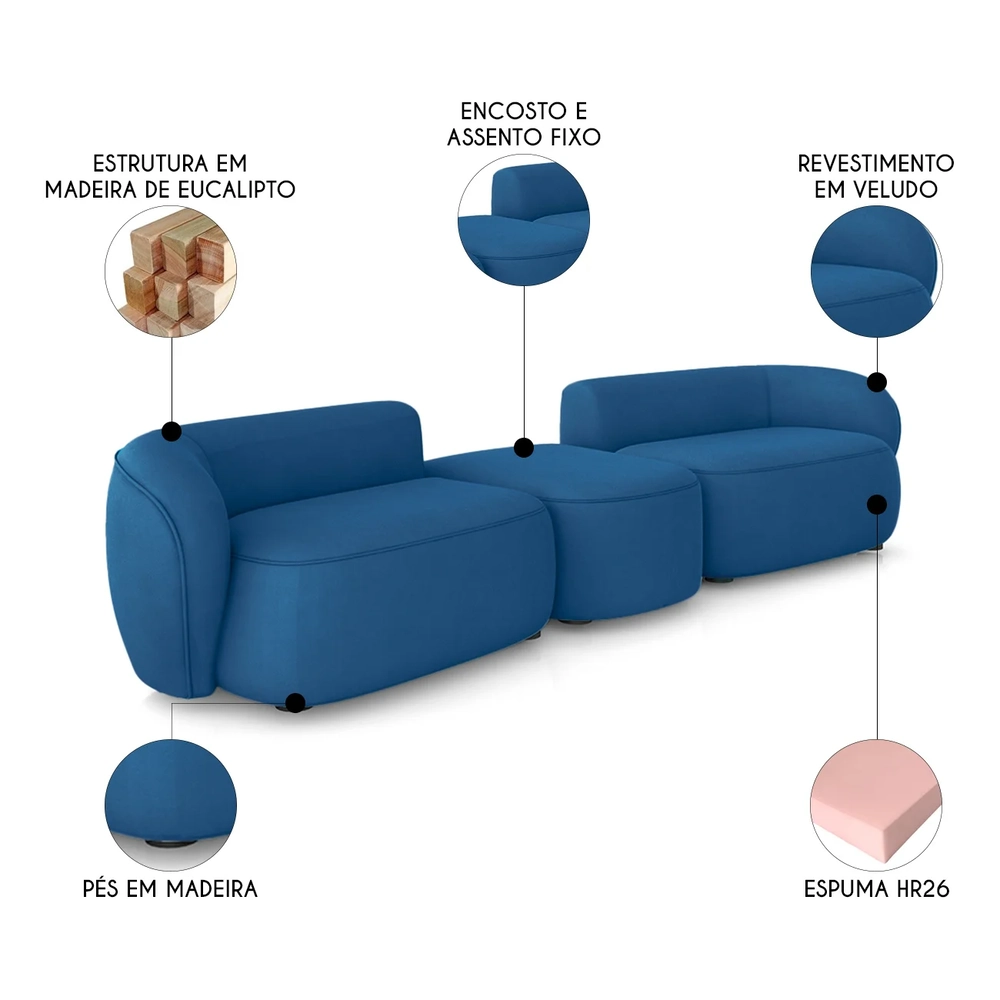 Sofá 4 Lugares Com Puff 322cm Orgânico Lyor Veludo Azul Z55 - Mpozenato