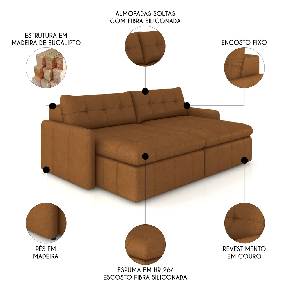 Sofá Retrátil 4 Lugares Para Sala 264cm Elios Couro Telha Z55 - Mpozenato