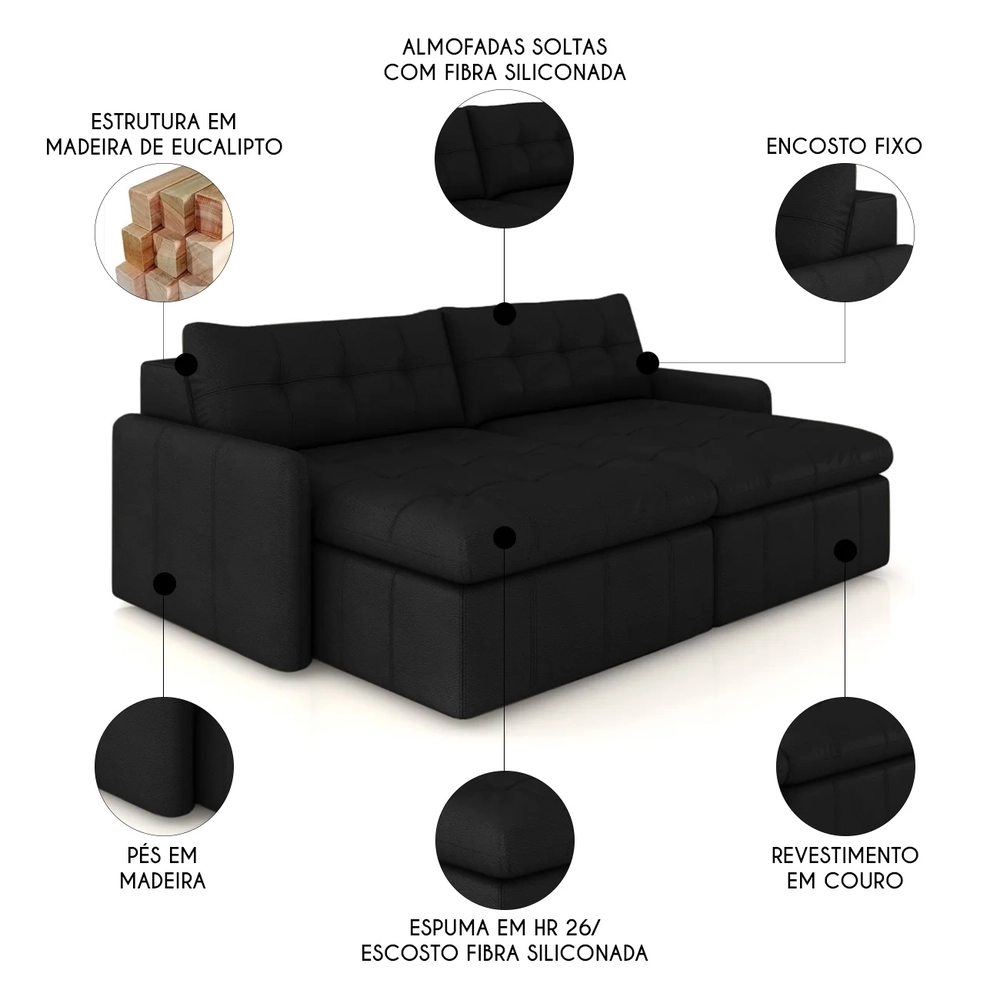 Sofá Retrátil 3 Lugares Para Sala 244cm Elios Couro Preto Z55 - Mpozenato