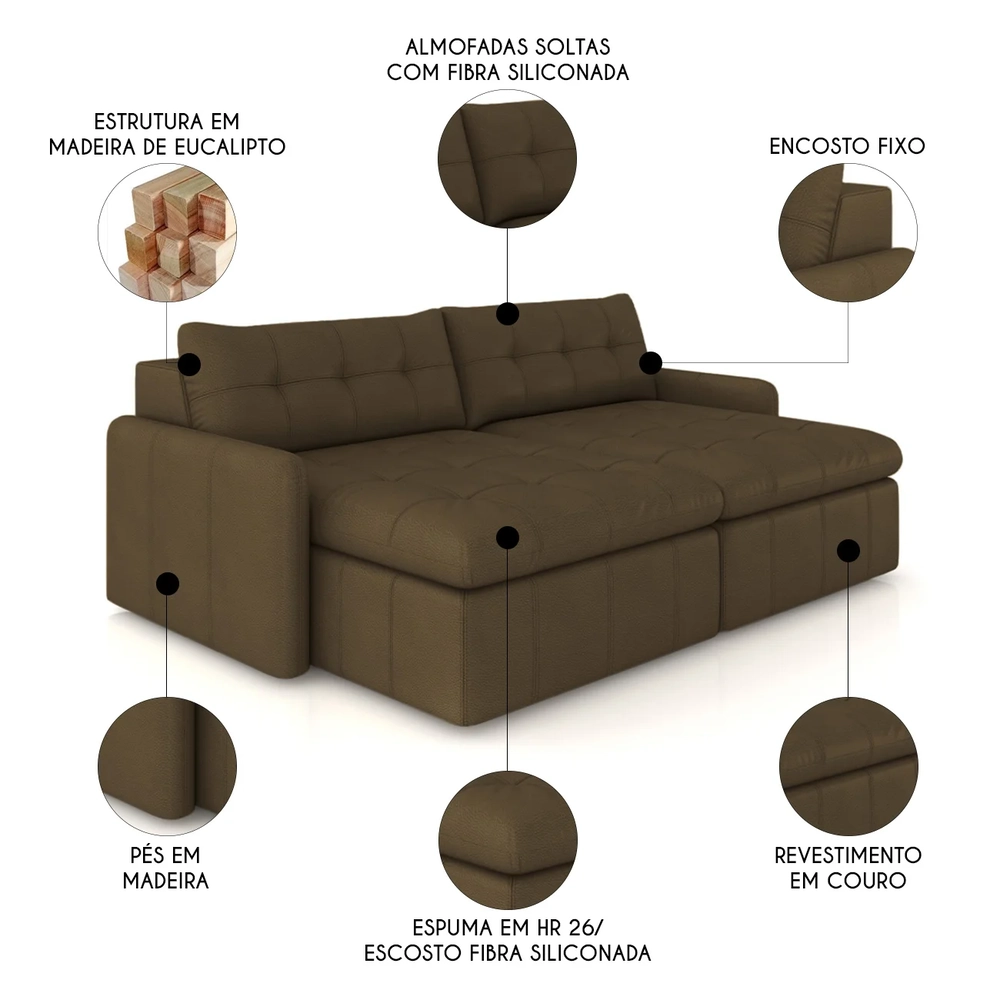 Sofá Retrátil 3 Lugares Para Sala 244cm Elios Couro Capuccino Z55 - Mpozenato