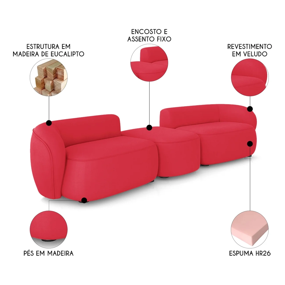 Sofá 5 Lugares Com Puff 342cm Orgânico Lyor Veludo Vermelho Z55 - Mpozenato
