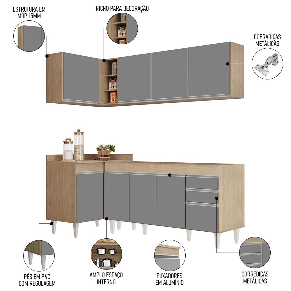 Armário de Cozinha Modulado de Canto Direito 4 Peças CP40 Balcão sem Tampo Castanho/Cinza - Lumil