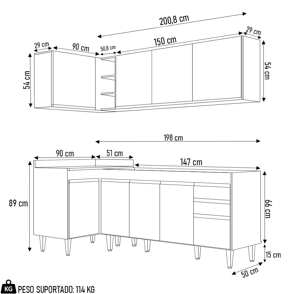 Armário de Cozinha Modulado de Canto Direito 4 Peças CP40 Balcão sem Tampo Castanho/Cinza - Lumil