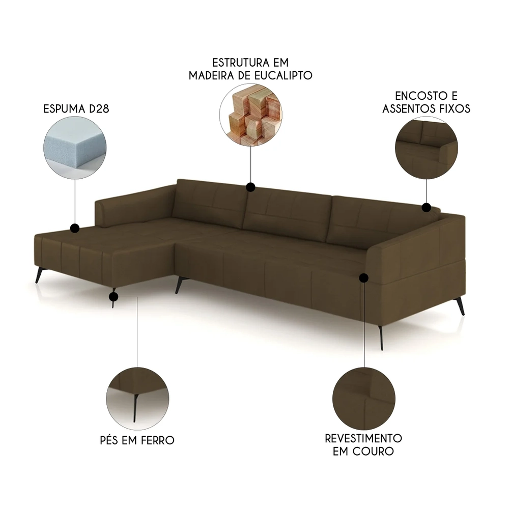 Sofá 4 Lugares 286cm Com Chaise Esquerdo Eko Couro Capuccino Z55 - Mpozenato