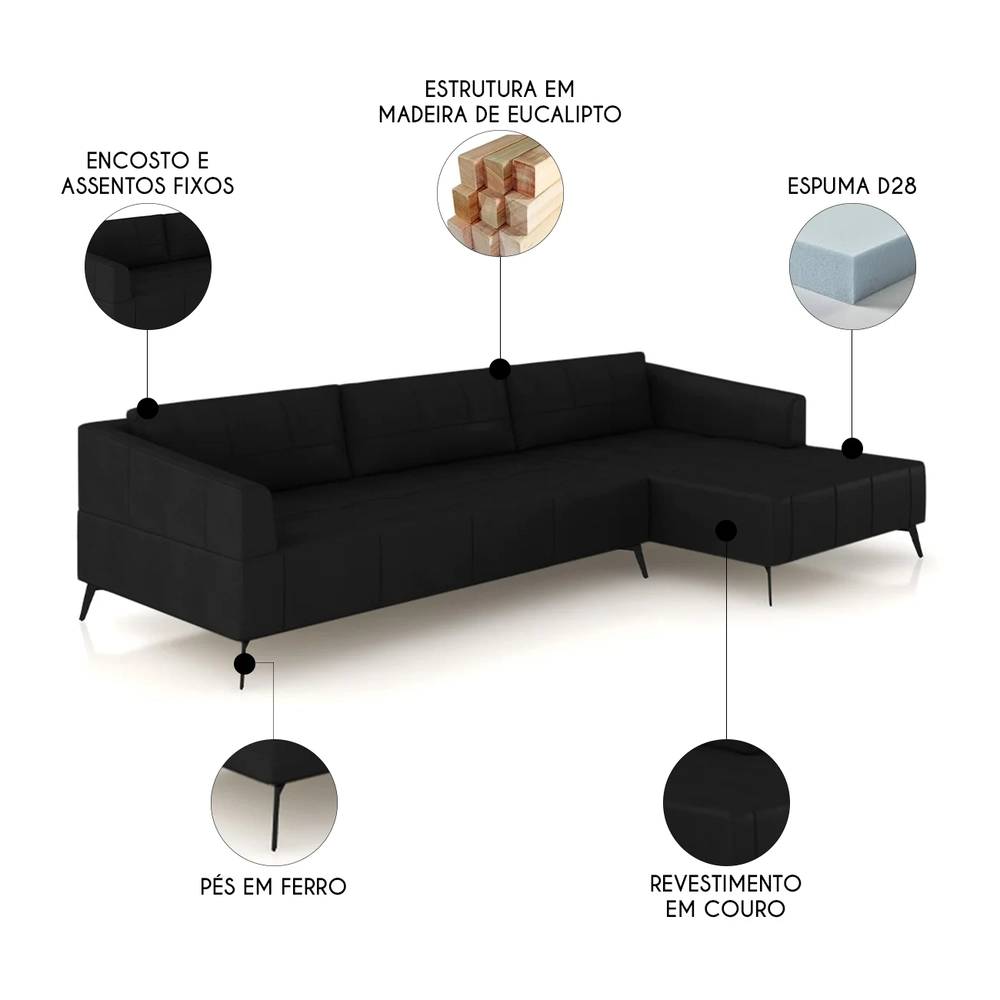 Sofá 5 Lugares 366cm Com Chaise Direito Eko Couro Preto Z55 - Mpozenato