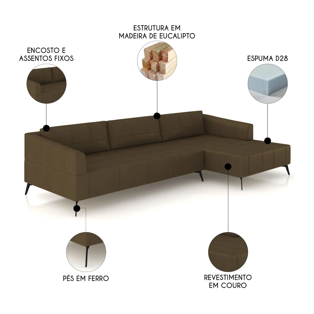 Sofá 4 Lugares 306cm Com Chaise Direito Eko Couro Capuccino Z55 - Mpozenato