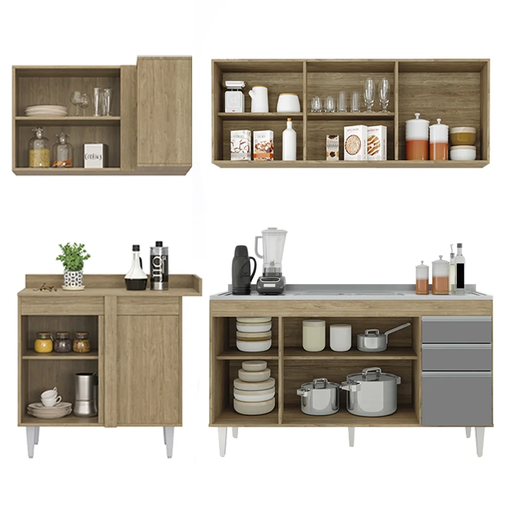 Armário de Cozinha Modulado de Canto Direito 4 Peças CP42 com Pia Inox Castanho/Cinza - Lumil