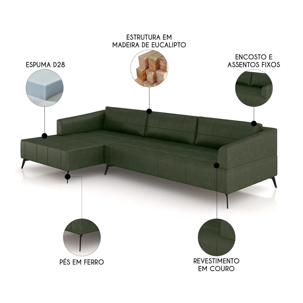Sofá 5 Lugares 346cm Com Chaise Esquerdo Eko Couro Verde Z55 - Mpozenato