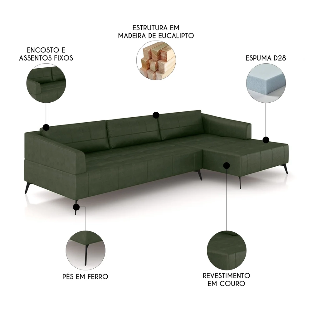 Sofá 5 Lugares 326cm Com Chaise Direito Eko Couro Verde Z55 - Mpozenato