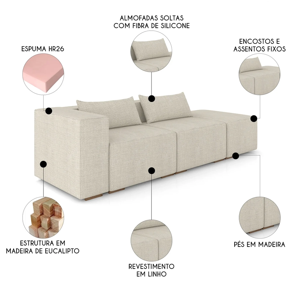 Sofá 4 Lugares 323cm Com Puff Direito Fay Linho Cru Z55 - Mpozenato