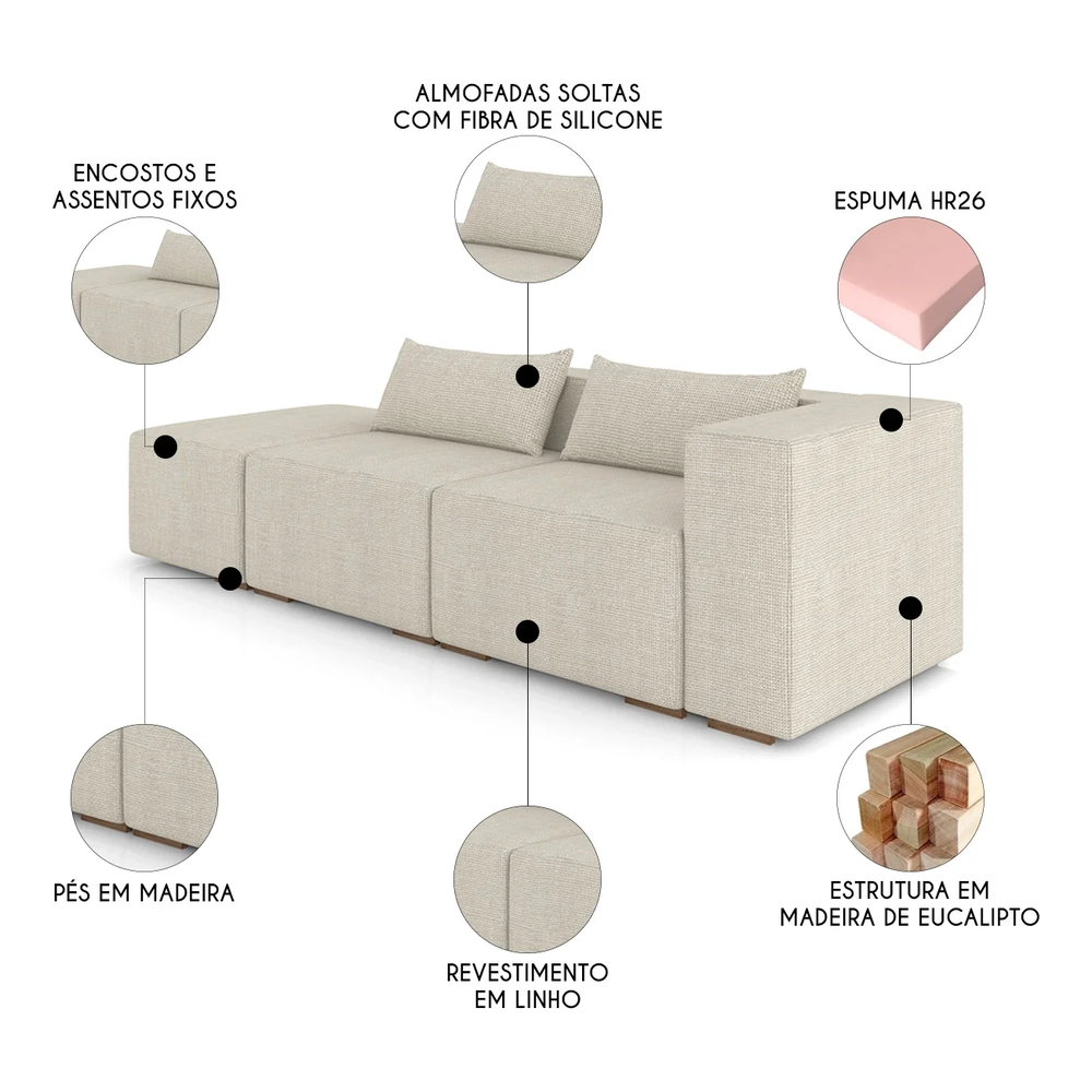 Sofá 4 Lugares 303cm Com Puff Esquerdo Fay Linho Cru Z55 - Mpozenato