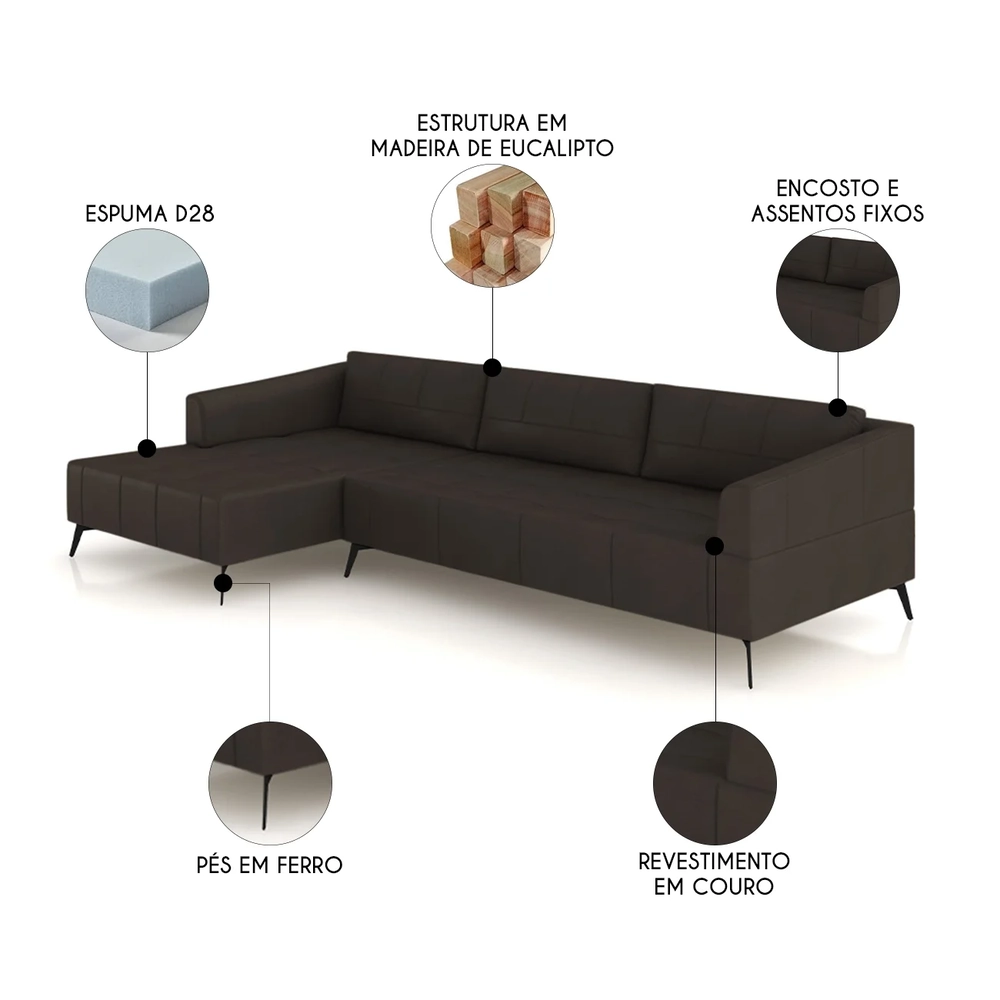 Sofá 4 Lugares 306cm Com Chaise Esquerdo Eko Couro Marrom Z55 - Mpozenato