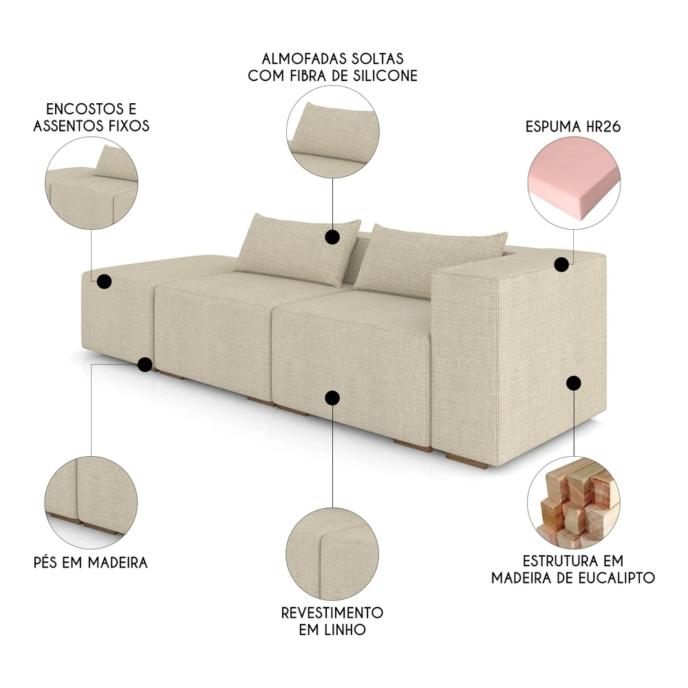 Sofá 4 Lugares 323cm Com Puff Esquerdo Fay Linho Bege Z55 - Mpozenato