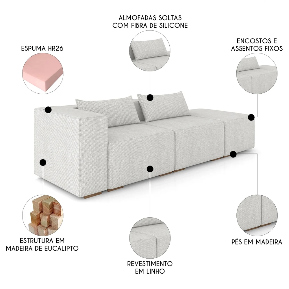 Sofá 5 Lugares 343cm Com Puff Direito Fay Linho Gelo Z55 - Mpozenato