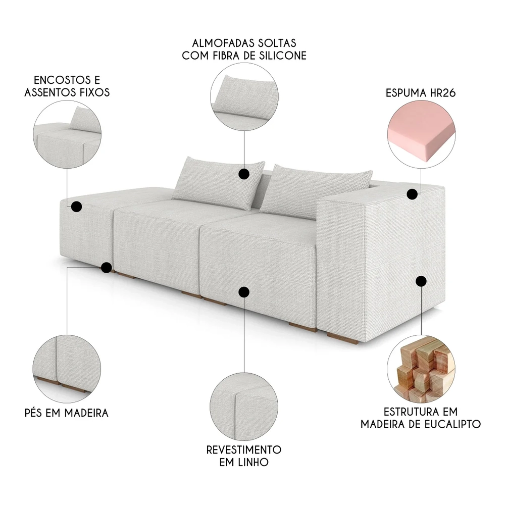 Sofá 4 Lugares 303cm Com Puff Esquerdo Fay Linho Gelo Z55 - Mpozenato
