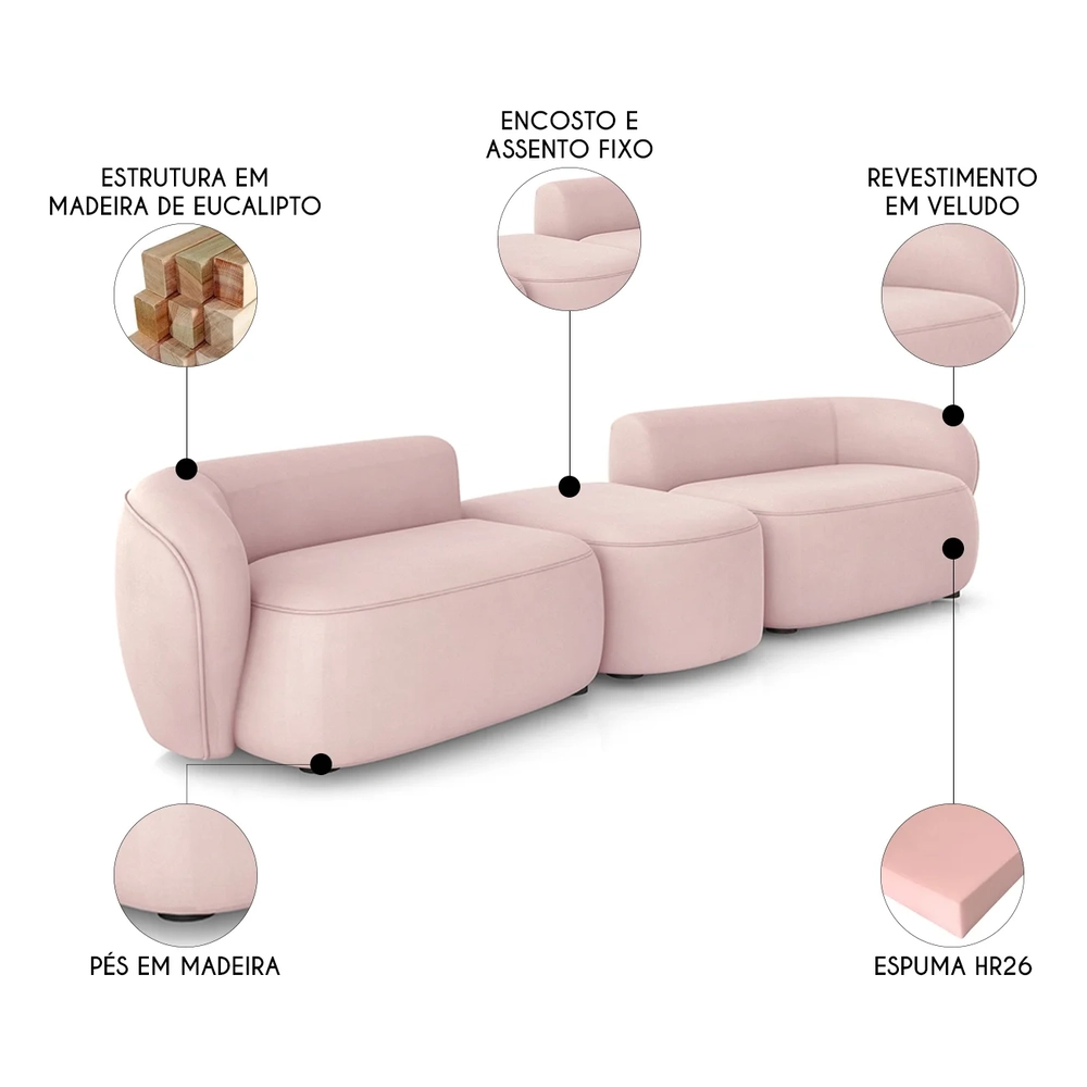 Sofá 5 Lugares Com Puff 382cm Orgânico Lyor Veludo Rose Z55 - Mpozenato