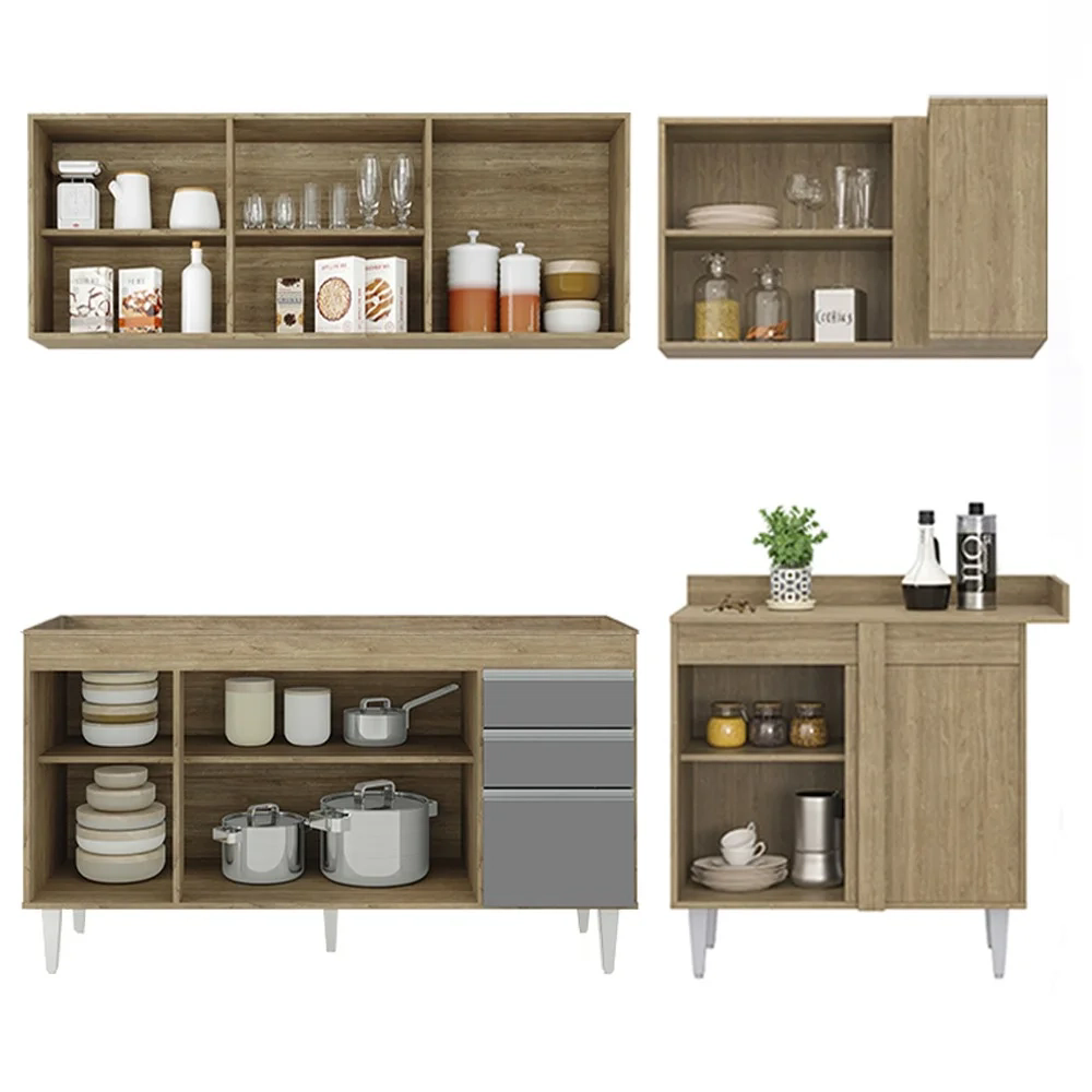Armário de Cozinha Modulado de Canto Esquerdo 4 Peças CP49 Balcão sem Tampo Castanho/Cinza - Lumil