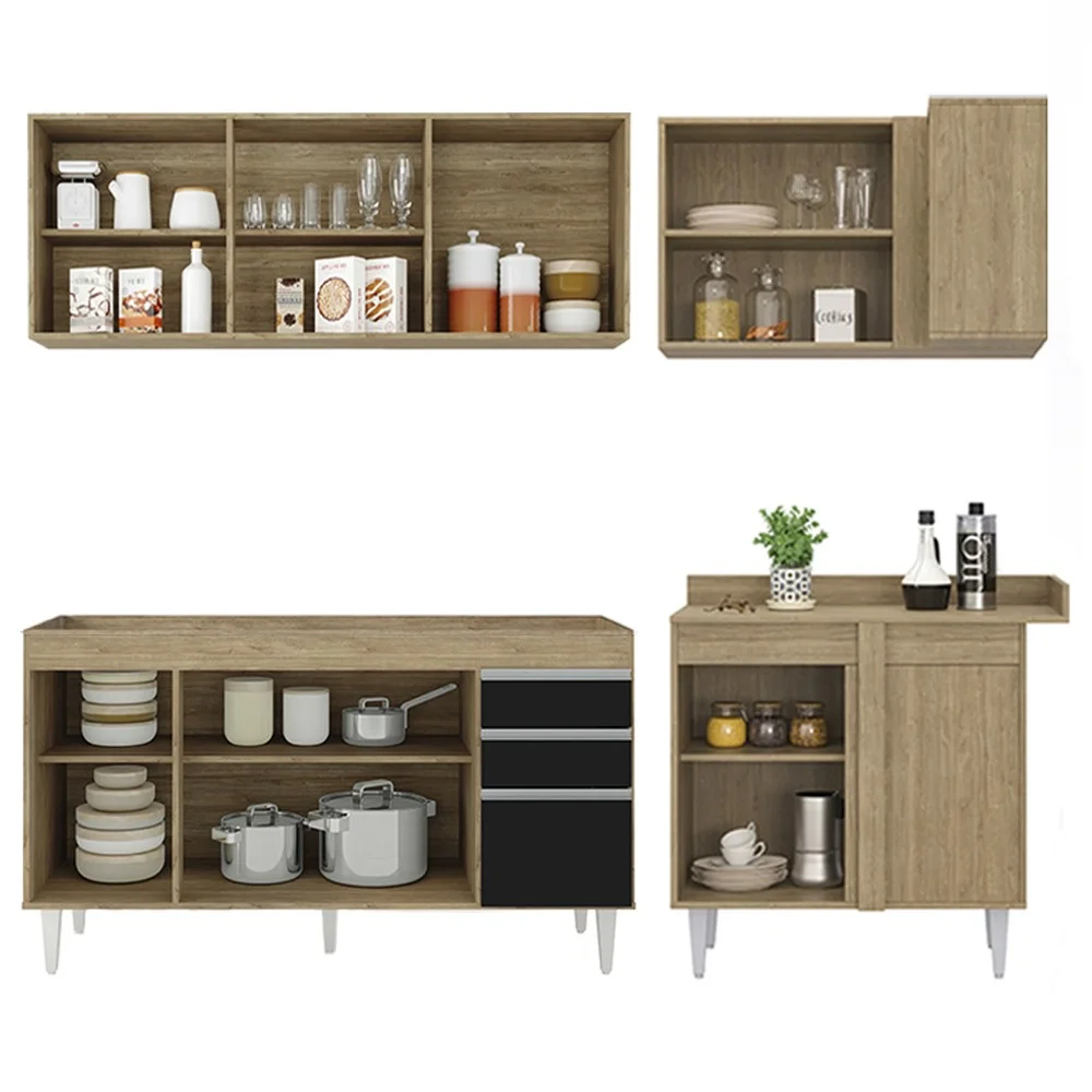 Armário de Cozinha Modulado de Canto Esquerdo 4 Peças CP49 Balcão sem Tampo Castanho/Preto - Lumil