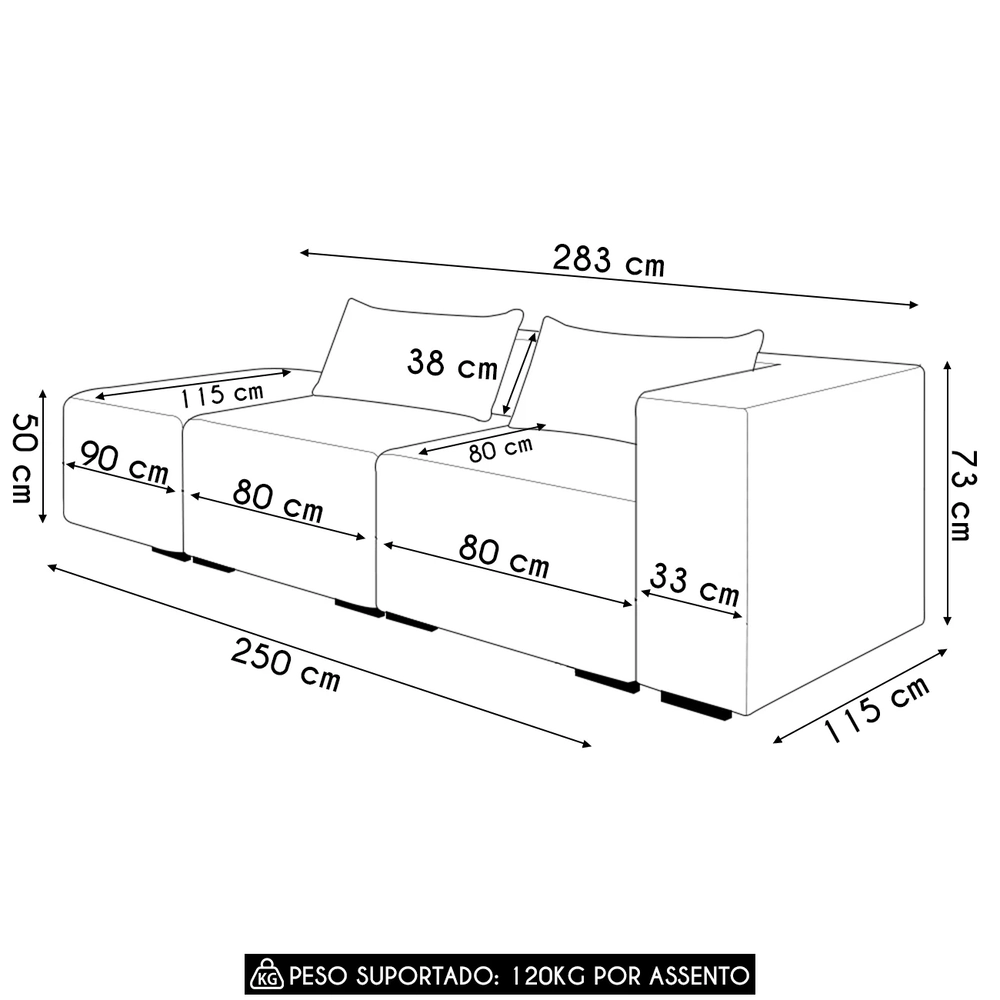 Sofá 4 Lugares 283cm Com Puff Esquerdo Fay Linho Cinza Z55 - Mpozenato