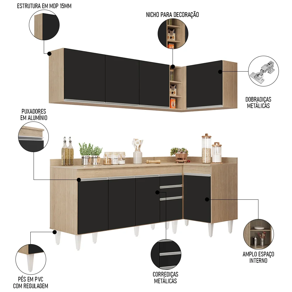 Armário de Cozinha Modulado de Canto Esquerdo 4 Peças CP50 Balcão com Tampo Castanho/Preto - Lumil