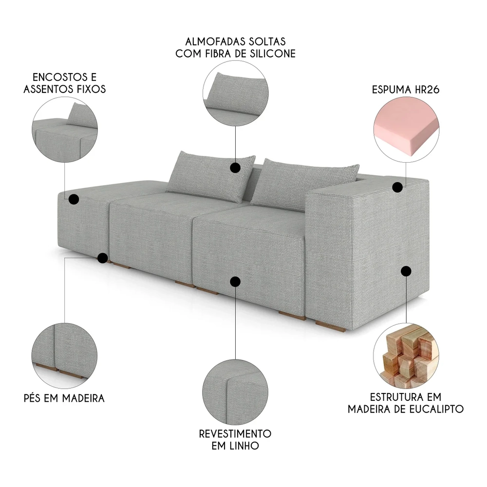 Sofá 4 Lugares 323cm Com Puff Esquerdo Fay Linho Cinza Z55 - Mpozenato