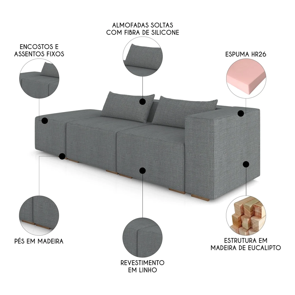Sofá 5 Lugares 363cm Com Puff Esquerdo Fay Linho Grafite Z55 - Mpozenato
