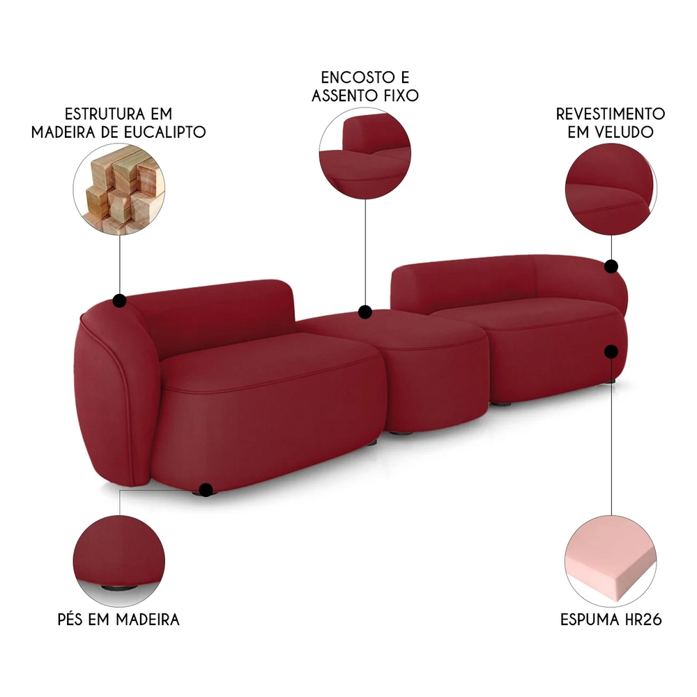 Sofá 5 Lugares Com Puff 382cm Orgânico Lyor Veludo Bordo Z55 - Mpozenato