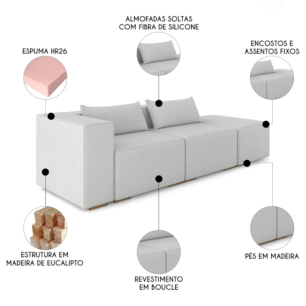 Sofá 4 Lugares 323cm Com Puff Direito Fay Bouclê Cinza Z55 - Mpozenato