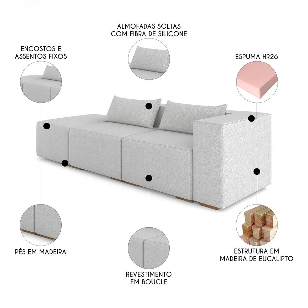 Sofá 4 Lugares 303cm Com Puff Esquerdo Fay Bouclê Cinza Z55 - Mpozenato