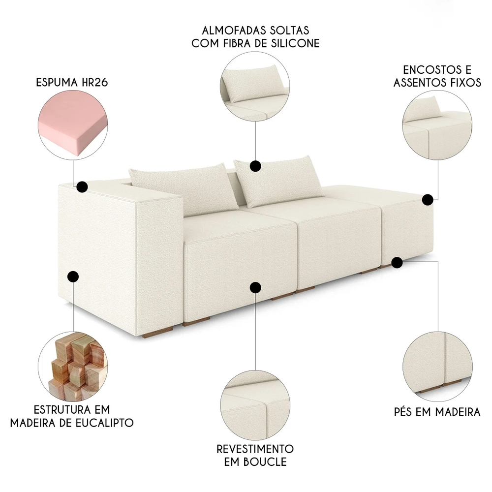 Sofá 4 Lugares 303cm Com Puff Direito Fay Bouclê Cru Z55 - Mpozenato