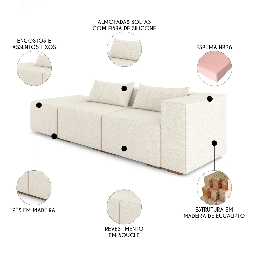 Sofá 5 Lugares 363cm Com Puff Esquerdo Fay Bouclê Cru Z55 - Mpozenato