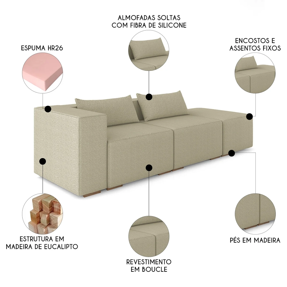 Sofá 4 Lugares 323cm Com Puff Direito Fay Bouclê Bege Z55 - Mpozenato