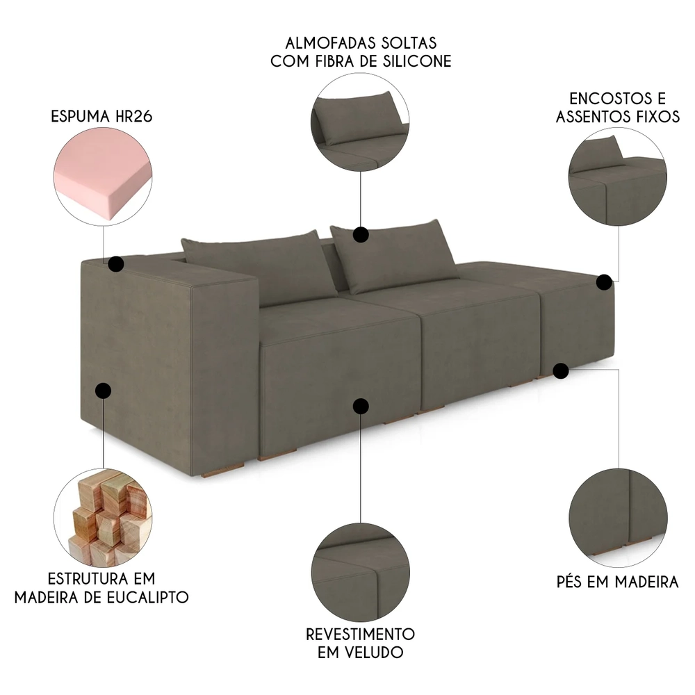 Sofá 4 Lugares 303cm Com Puff Direito Fay Veludo Marrom Z55 - Mpozenato