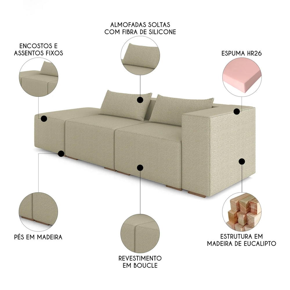 Sofá 4 Lugares 303cm Com Puff Esquerdo Fay Bouclê Bege Z55 - Mpozenato