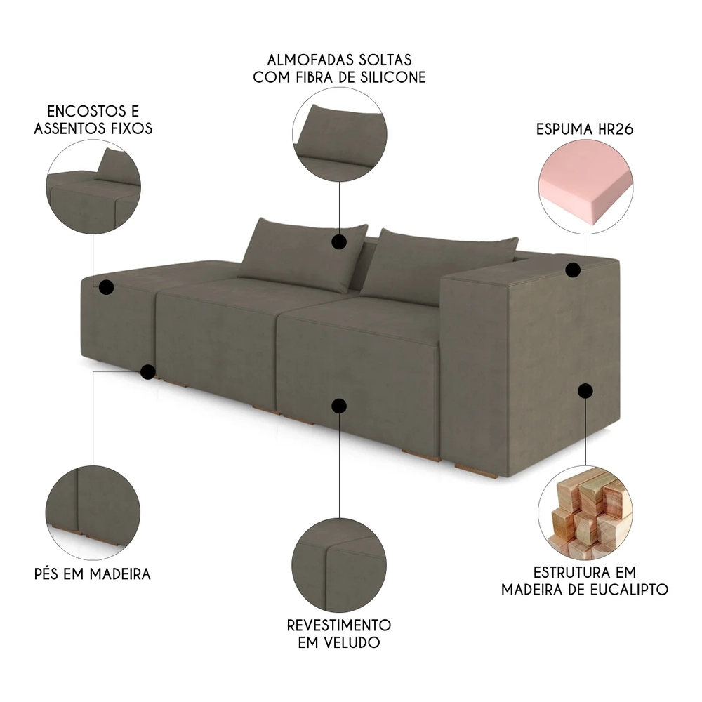Sofá 4 Lugares 303cm Com Puff Esquerdo Fay Veludo Marrom Z55 - Mpozenato