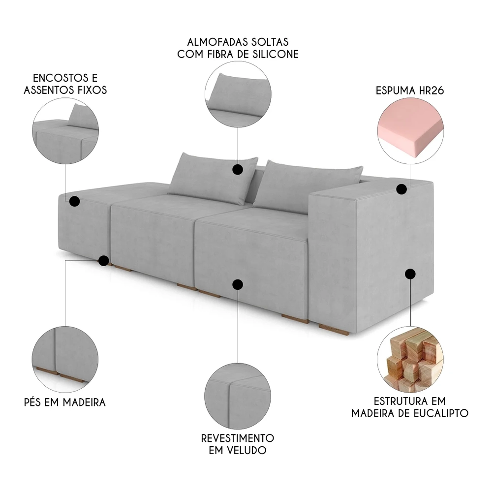 Sofá 5 Lugares 343cm Com Puff Esquerdo Fay Veludo Cinza Z55 - Mpozenato