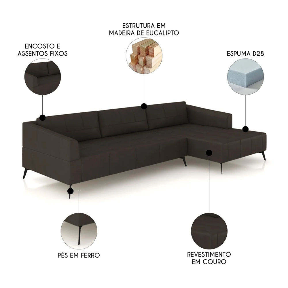 Sofá 4 Lugares 286cm Com Chaise Direito Eko Couro Marrom Z55 - Mpozenato