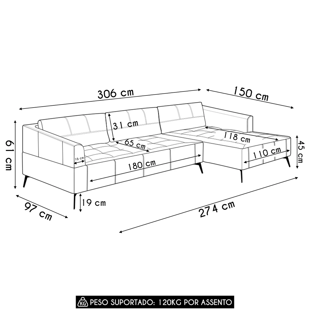 Sofá 4 Lugares 306cm Com Chaise Direito Eko Couro Marrom Z55 - Mpozenato