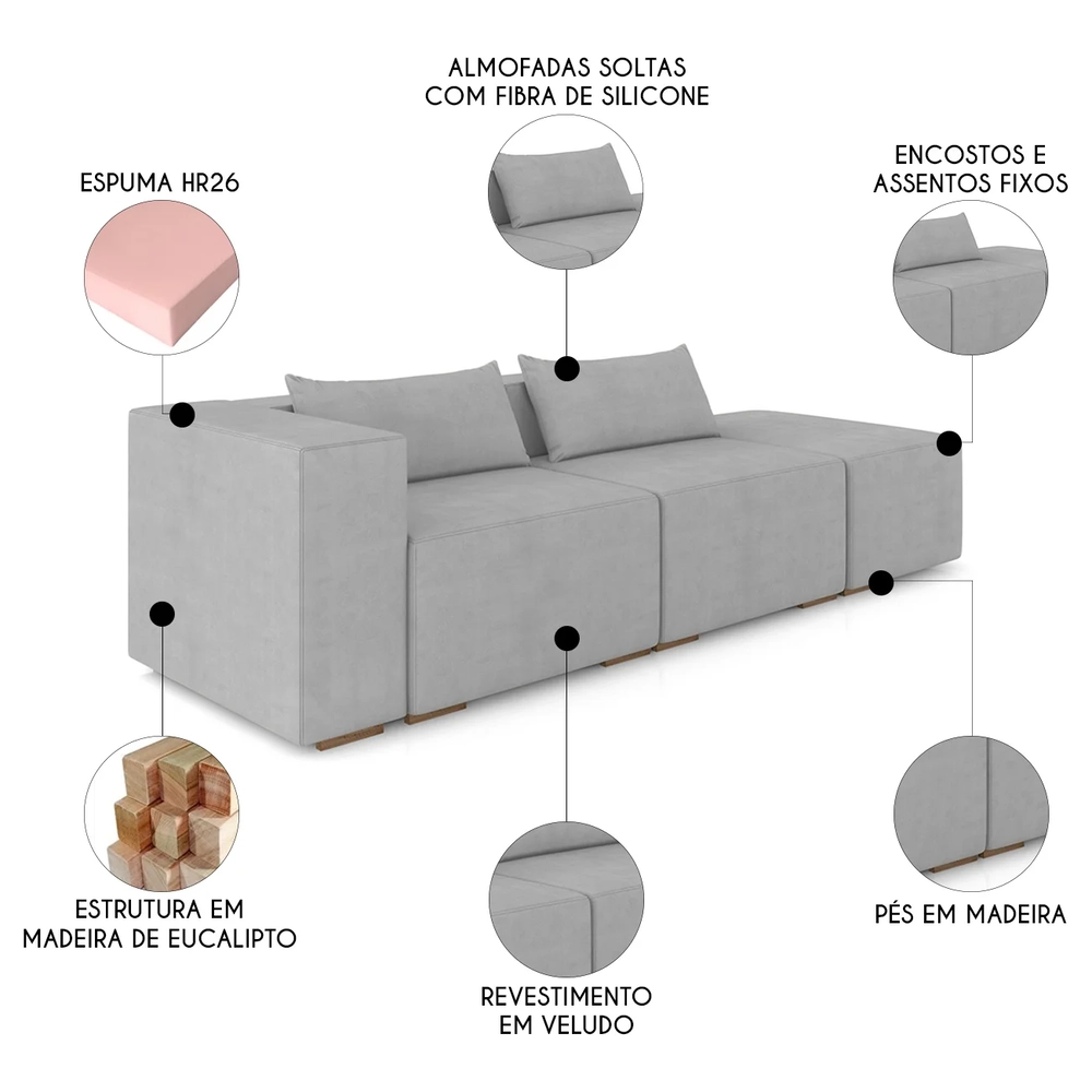 Sofá 5 Lugares 343cm Com Puff Direito Fay Veludo Cinza Z55 - Mpozenato
