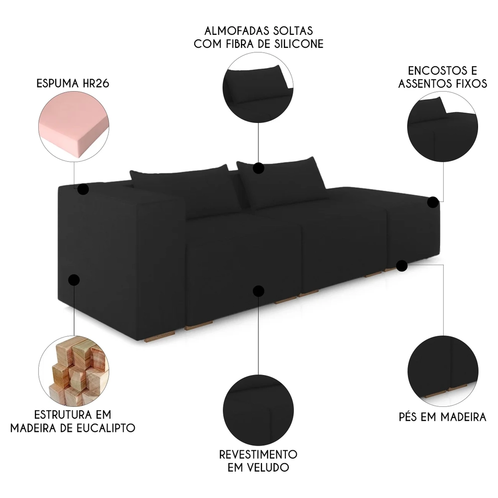 Sofá 5 Lugares 343cm Com Puff Direito Fay Veludo Preto Z55 - Mpozenato