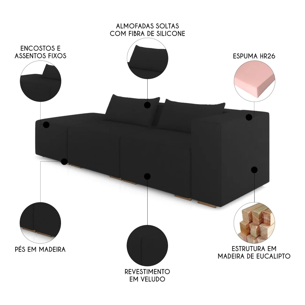 Sofá 5 Lugares 343cm Com Puff Esquerdo Fay Veludo Preto Z55 - Mpozenato