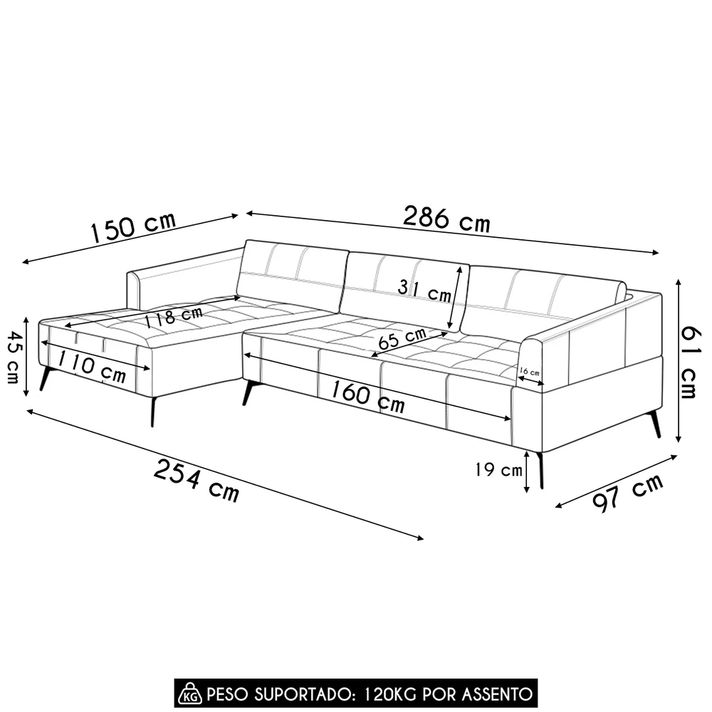 Sofá 4 Lugares 286cm Com Chaise Esquerdo Eko Couro Telha Z55 - Mpozenato