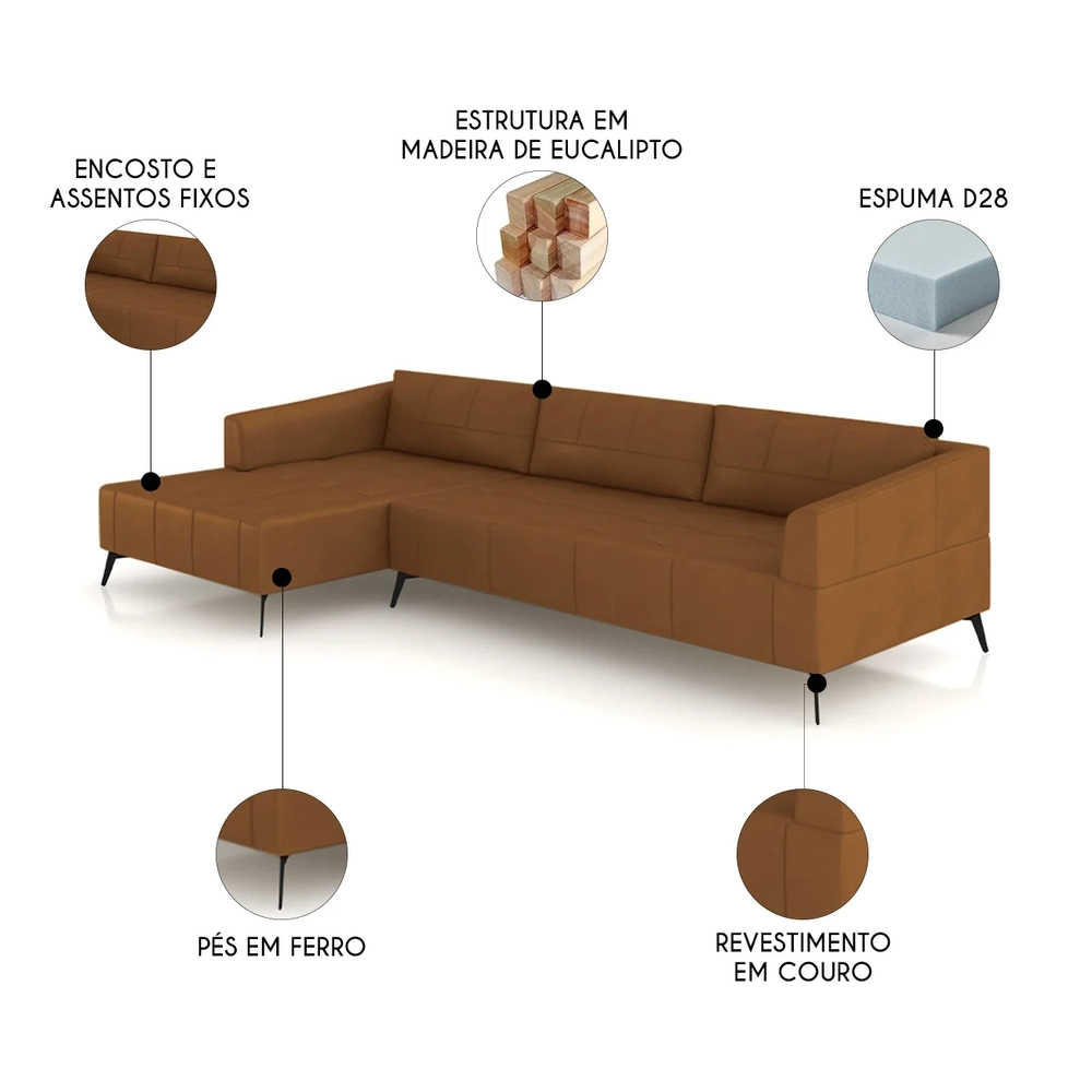 Sofá 5 Lugares 326cm Com Chaise Esquerdo Eko Couro Telha Z55 - Mpozenato