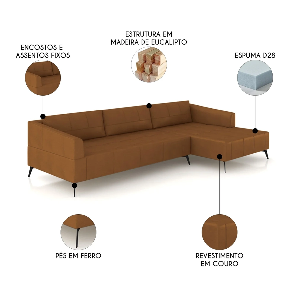 Sofá 5 Lugares 346cm Com Chaise Direito Eko Couro Telha Z55 - Mpozenato