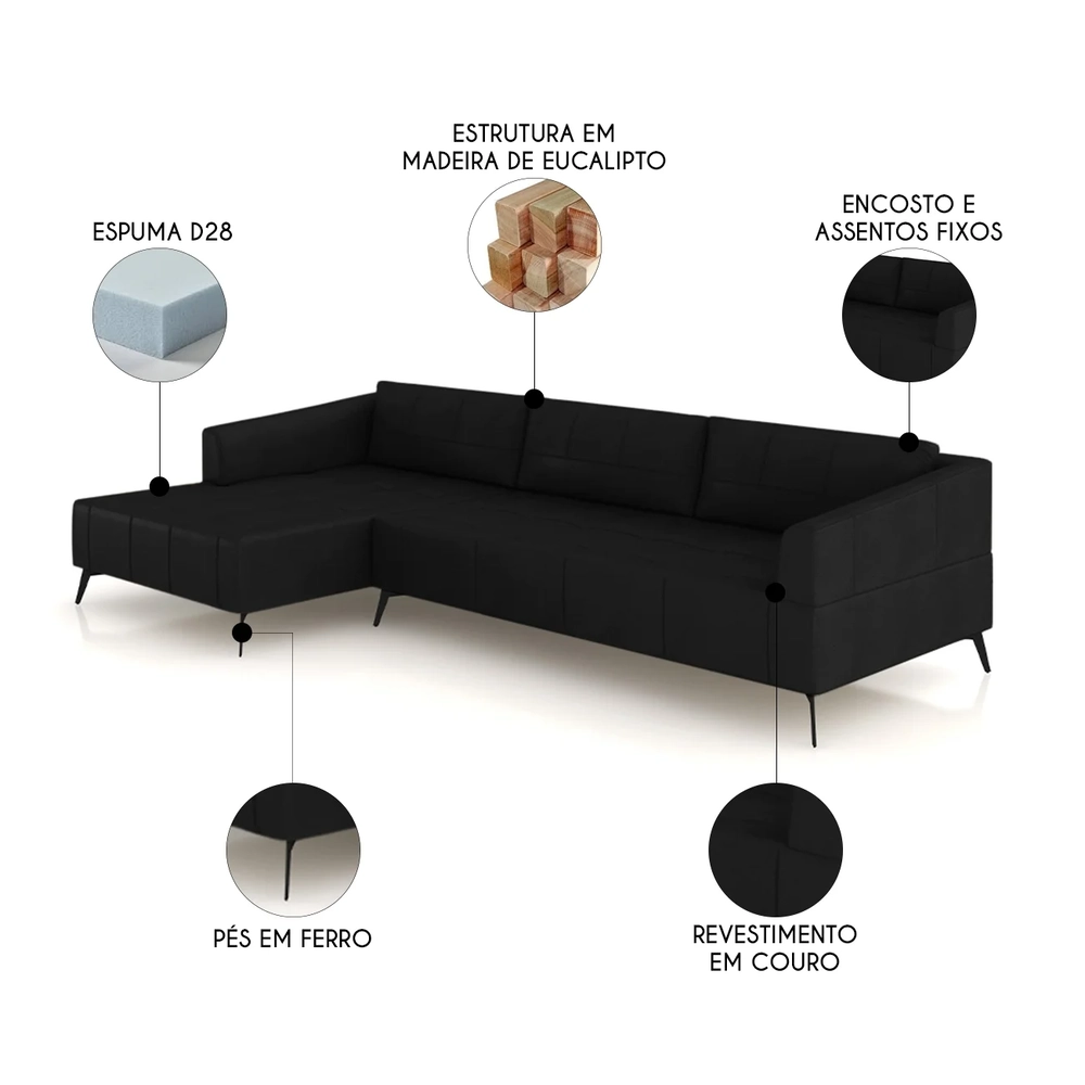 Sofá 4 Lugares 306cm Com Chaise Esquerdo Eko Couro Preto Z55 - Mpozenato
