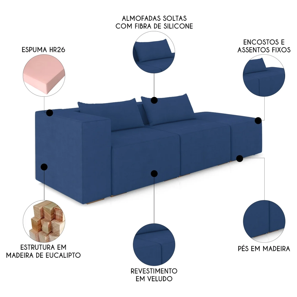 Sofá 5 Lugares 343cm Com Puff Direito Fay Veludo Azul Z55 - Mpozenato