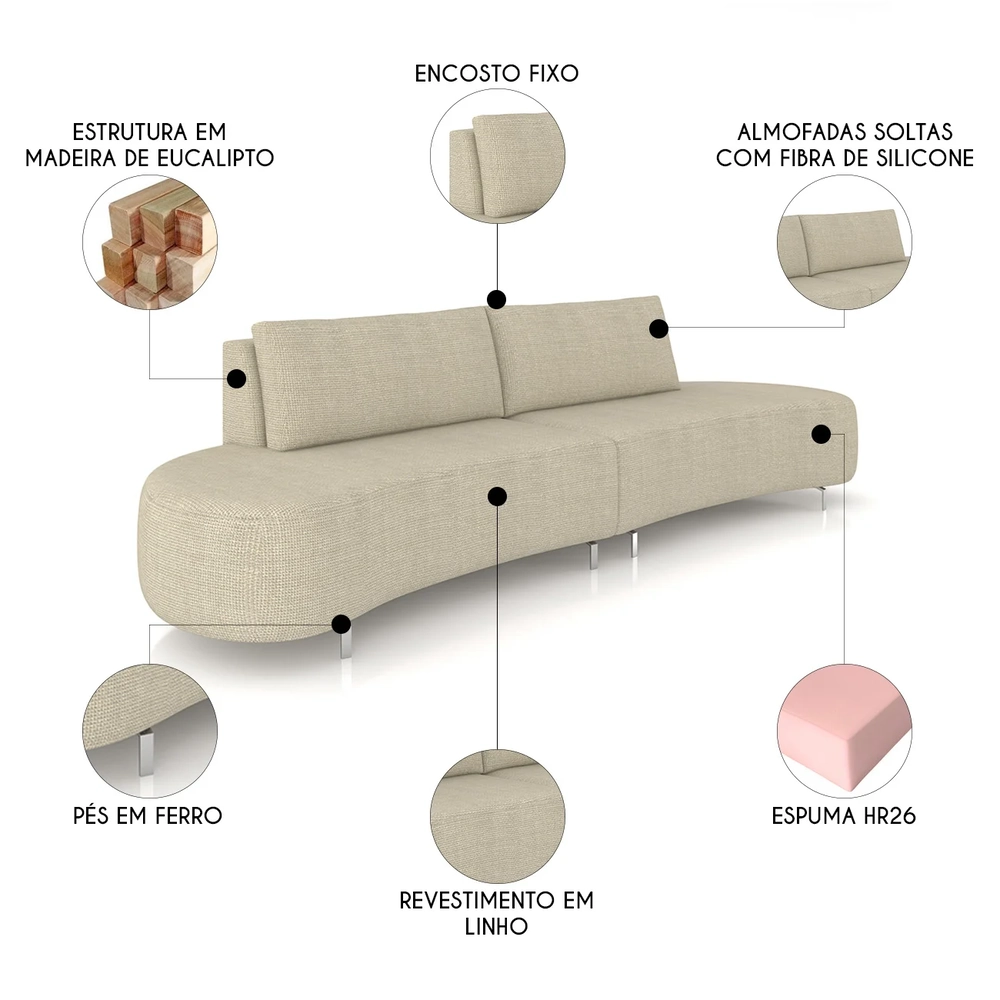 Sofá 3 Lugares 220cm Orgânico Pé Ferro Nagai Linho Bege Z55 - Mpozenato