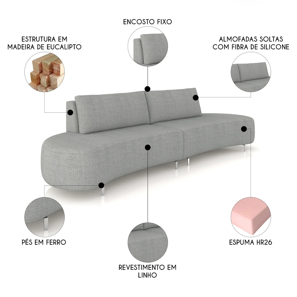 Sofá 4 Lugares 240cm Orgânico Pé Ferro Nagai Linho Cinza Z55 - Mpozenato