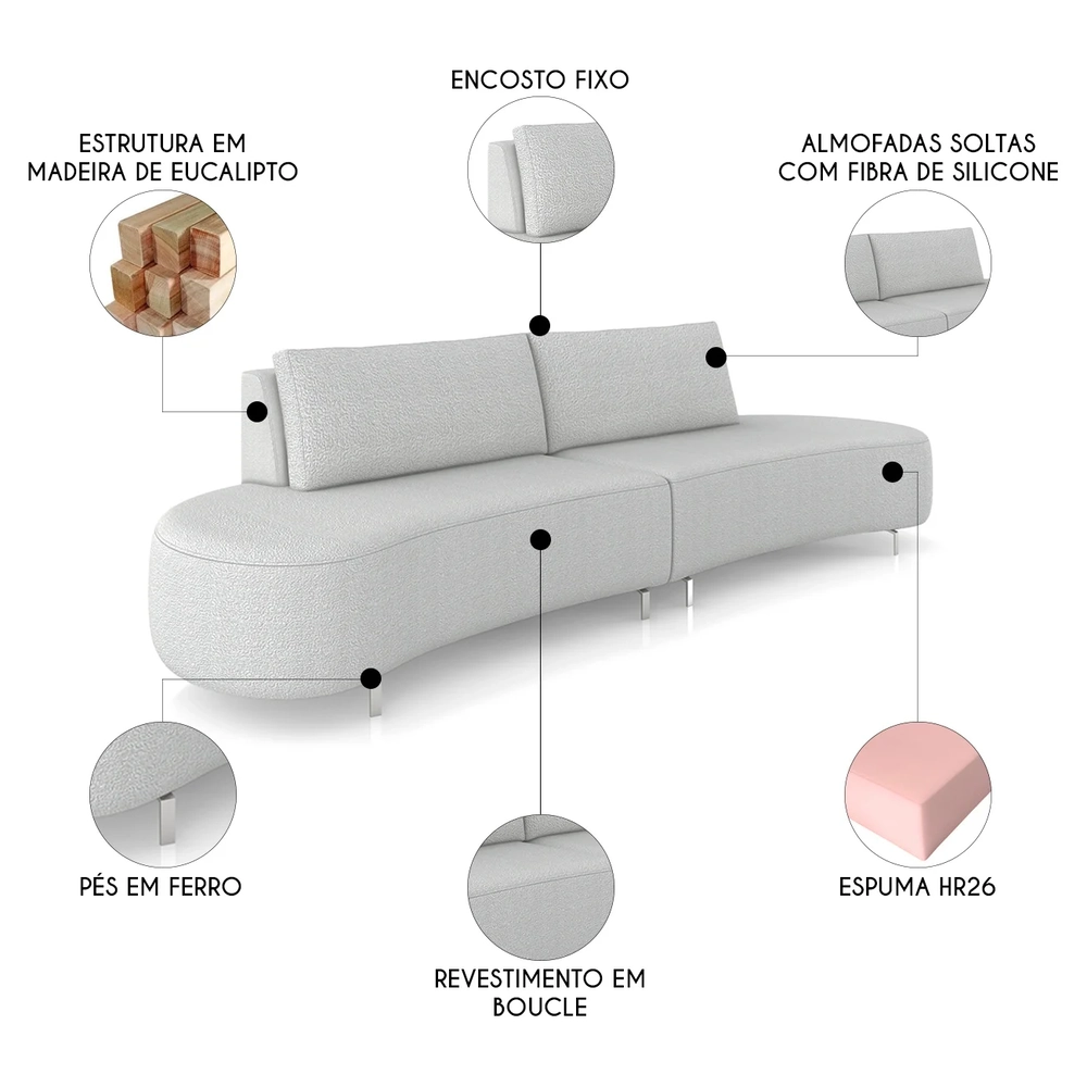 Sofá 3 Lugares 180cm Orgânico Pé Ferro Nagai Bouclê Cinza Z55 - Mpozenato