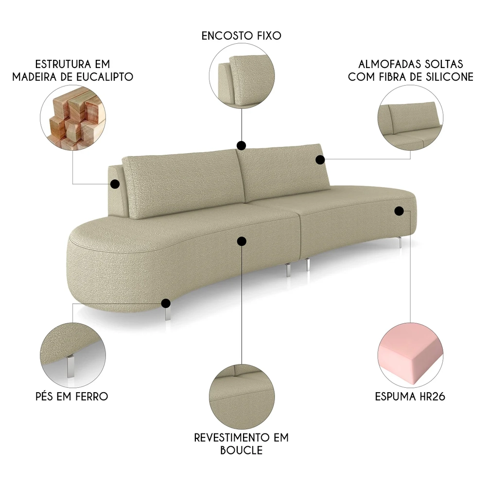 Sofá 3 Lugares 180cm Orgânico Pé Ferro Nagai Bouclê Bege Z55 - Mpozenato